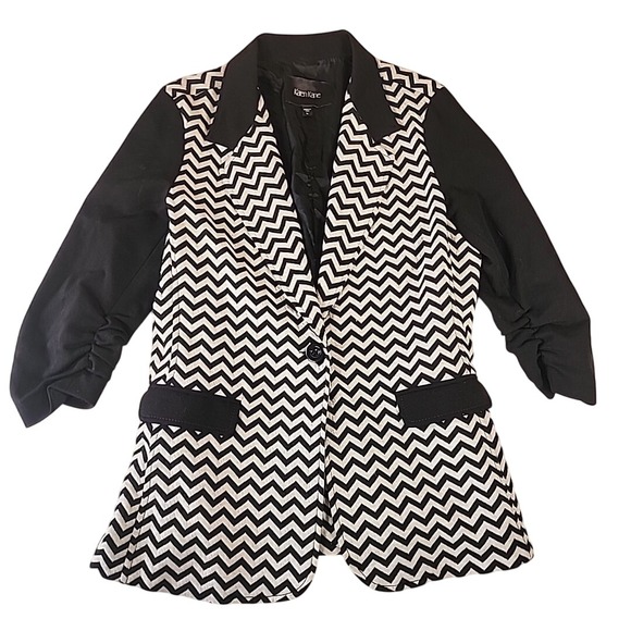 Karen Kane Black White Chevron Blazer Ruched Sleeve Made in USA Women's L - Picture 1 of 9